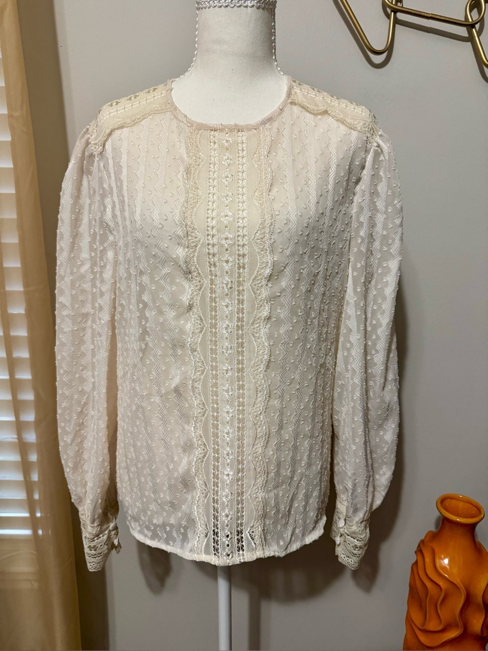 SHEIN Cream Lace-Trim Long Sleeve Blouse
